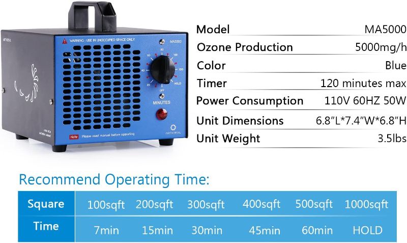 Photo 9 of AIRTHEREAL MA5000 Commercial Ozone Generator, 5000mg/h O3 Machine Home Air Ionizers Deodorizer for Rooms, Smoke, Cars and Pets, Blue