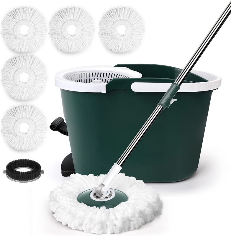 Photo 1 of  Mop and Bucket with Wringer Set, Spin Mops with Bucket and Foot Pedal, 5 Mop Replacement Heads & 1 Extra Floor Brush Head, Household Mop Bucket Floor Cleaning System for Hardwood, Laminate, Tile