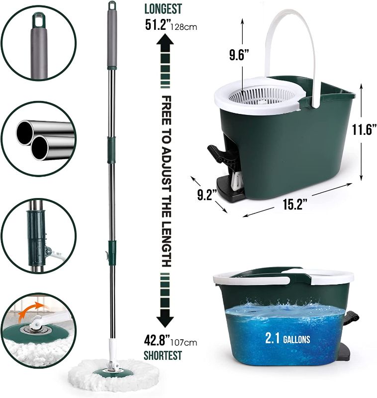 Photo 3 of  Mop and Bucket with Wringer Set, Spin Mops with Bucket and Foot Pedal, 5 Mop Replacement Heads & 1 Extra Floor Brush Head, Household Mop Bucket Floor Cleaning System for Hardwood, Laminate, Tile