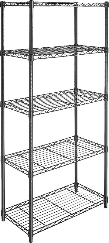 Photo 1 of Amazon Basics 5-Shelf Adjustable, Heavy Duty Storage Shelving Unit on 4'' Wheel Casters, Metal Organizer Wire Rack, Black (30L x 14W x 64.75H)
