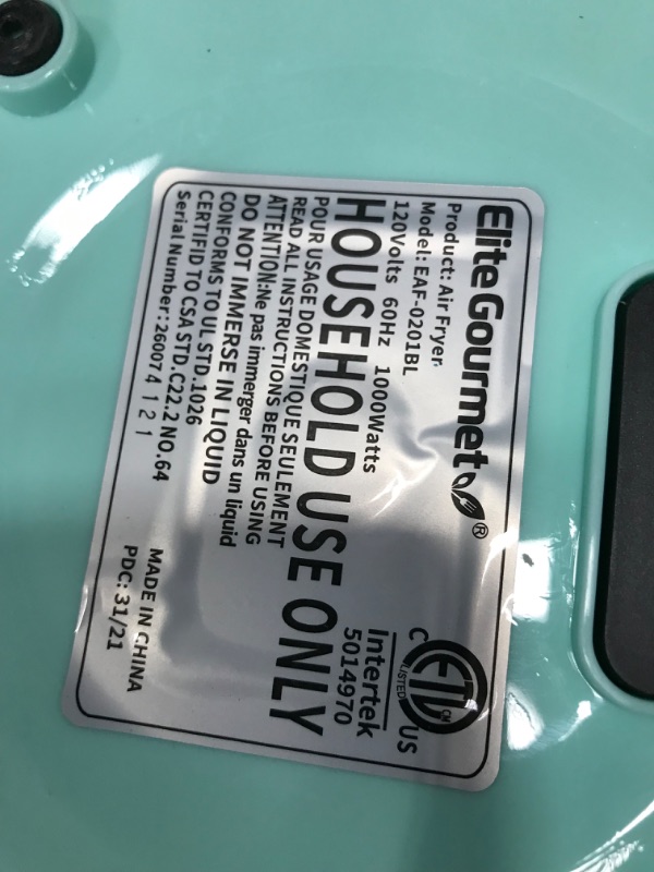 Photo 4 of ****DAMAGED***   Elite Gourmet EAF-0201BL Personal 2.1 Qt. Compact Space Saving Electric Hot Air Fryer Oil-Less Healthy Cooker, Timer & Temperature Controls, PFOA/PTFE Free, 1000W, Quart, Mint 2.1 Quart Mint Air Fryer