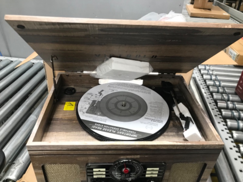 Photo 1 of Victrola Nostalgic 6-in-1 Bluetooth Record Player & Multimedia Center & Cassette Player, AM/FM Radio | Wireless Music Streaming | Farmhouse Shiplap Grey & Wooden Record Crate, Wood Color Farmhouse Shiplap Grey Entertainment Center + Record