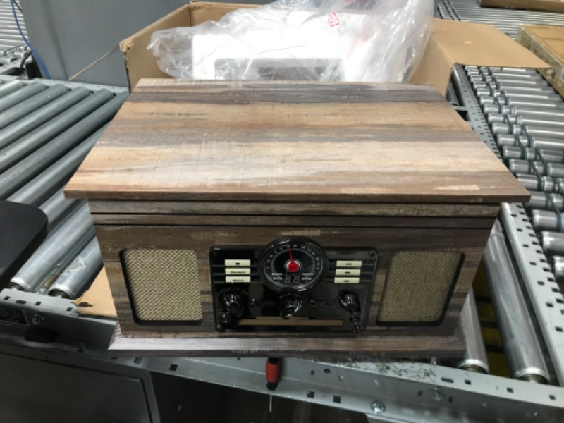 Photo 1 of Victrola Nostalgic 6-in-1 Bluetooth Record Player & Multimedia Center & Cassette Player, AM/FM Radio | Wireless Music Streaming | Farmhouse Shiplap Grey & Wooden Record Crate, Wood Color Farmhouse Shiplap Grey Entertainment Center + Record