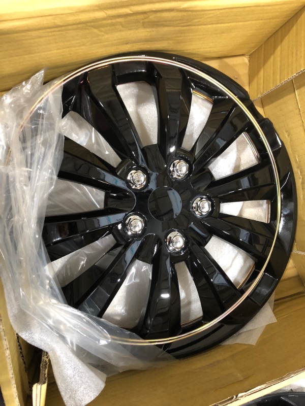 Photo 3 of Used / major damaged see pictures / stock photo is different color than what’s inside  ** BDK (Pack of 4, Premium Hubcaps 16" Wheel Rim Cover Hub Caps Two-Tone Style Replacement Snap On Car Truck SUV - 16 Inch Set, Black/Silver, KT-1061-16-IB_azvar 16 Inc