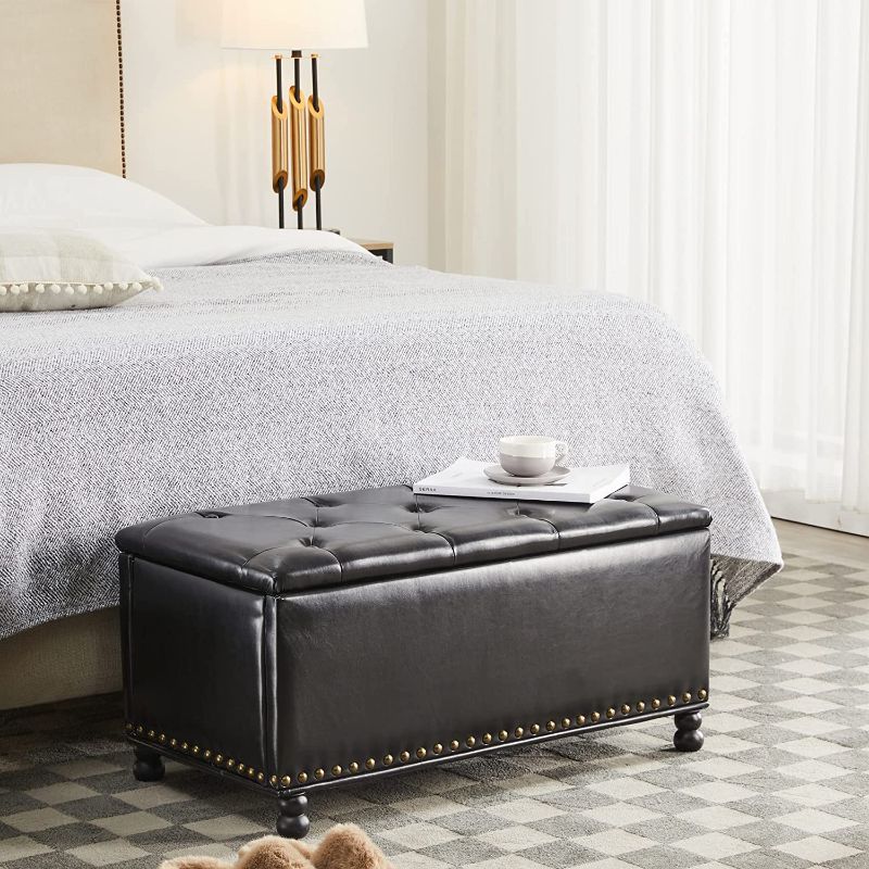 Photo 1 of YOUDENOVA Storage Bench, 34 inch Storage Ottoman Bench, Modern Button Tufted Ottoman for Bedroom, Living Room, End of Bed, Hallway – Ottoman Foot Rest with Safety Hinges, PU Black