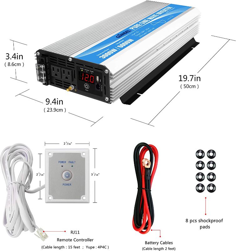 Photo 15 of Pure Sine Wave Power Inverter 3000Watt DC 12V to AC120V with Dual AC Outlets with Remote Control and LED Display 3000w / 12v