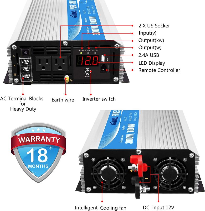 Photo 1 of Pure Sine Wave Power Inverter 3000Watt DC 12V to AC120V with Dual AC Outlets with Remote Control and LED Display 3000w / 12v