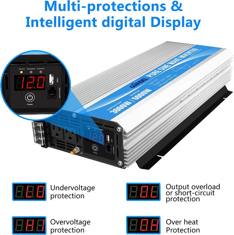 Photo 12 of Pure Sine Wave Power Inverter 3000Watt DC 12V to AC120V with Dual AC Outlets with Remote Control and LED Display 3000w / 12v