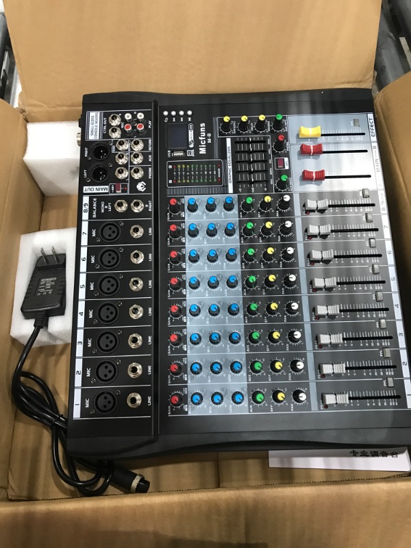 Photo 2 of DJ Console Mixer Micfuns 8 Channel with Sound Board USB Bluetooth Audio Interface 48V Phantom Power Mixer Use for DJ Studio PC Recording Singing Webcast Party