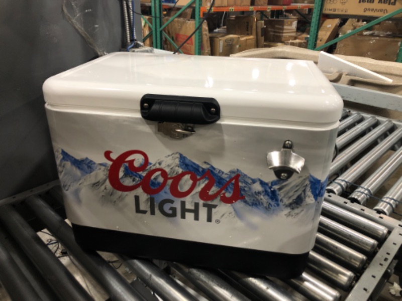 Photo 2 of Coors Light Ice Chest Beverage Cooler with Bottle Opener, 51L (54 qt), 85 Can Steel-Belted Portable Cooler, White and Black, for Camping, Beach, RV, BBQs, Tailgating, Fishing
