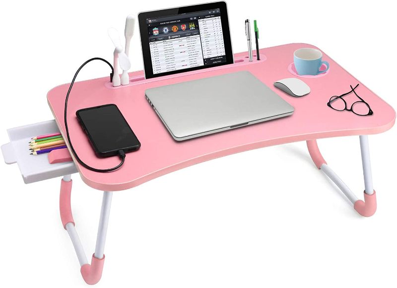 Photo 1 of Slendor Laptop Desk Laptop Bed Stand Foldable Laptop Table Folding Breakfast Tray Portable Lap Standing Desk Reading and Writing Holder with Drawer for Bed Couch Sofa Floor PINK