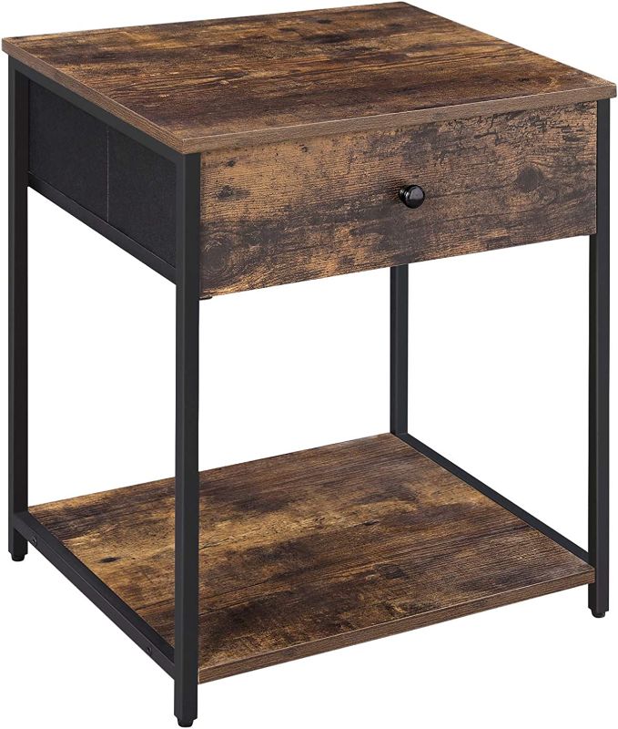 Photo 1 of SONGMICS Rustic Nightstand, Industrial Bedside Table with Drawer, 2 Shelves, Fabric Drawer Dresser, End Table with Wooden Top and Front, Rustic Brown and Black ULGS20H