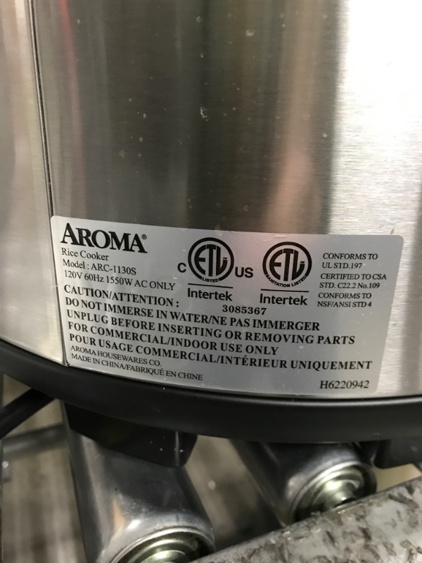 Photo 2 of *Powers On-See Notes* Aroma Housewares 60-Cup (Cooked) (30-Cup UNCOOKED) Commercial Rice Cooker, Stainless Steel Exterior (ARC-1130S)