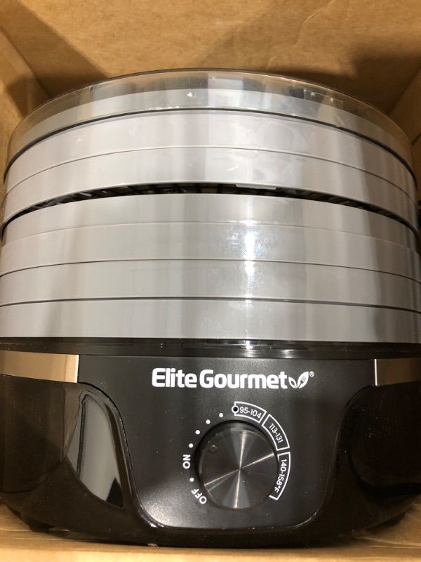 Photo 4 of *** POWERS ON ** Elite Gourmet EFD319DKG Food Dehydrator, 5 BPA-Free 11.4" Trays Adjustable Temperature Controls, Jerky, Herbs, Fruit, Veggies, Dried Snacks, Black and Grey
