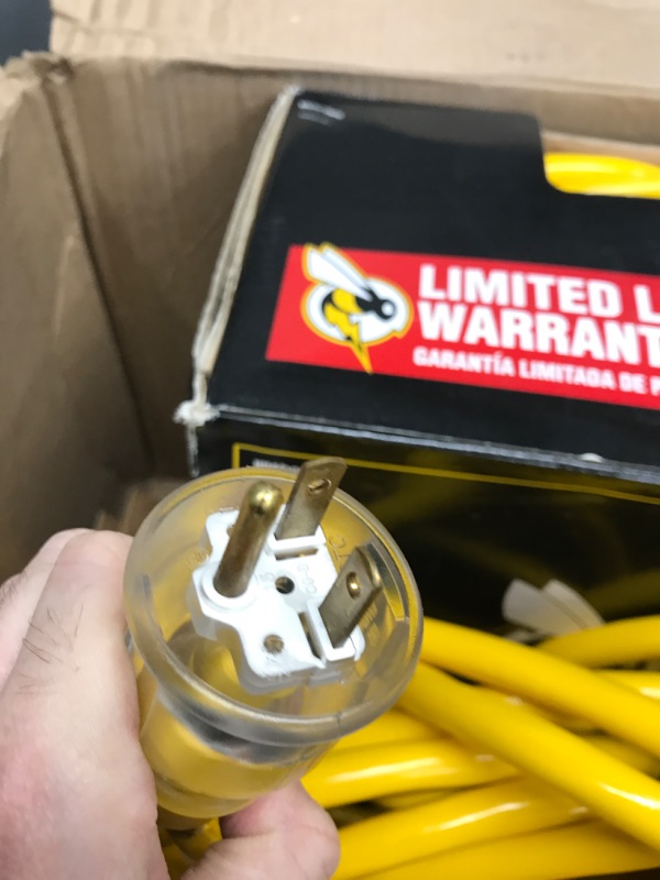 Photo 3 of ***UNABLE TO TEST***  Yellow Jacket 2992 10/3 Extra Heavy-Duty 20-Amp Premium SJTW Contractor Extension Cord with Lighted T-Blade Plug, 100-Foot All Copper Wire Extension Cord, 20 Amps, 125 Volts, 2500 Watts, Yellow 100 ft