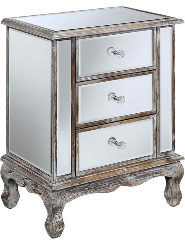Photo 1 of ***TWO DRAWERS WITH CRACKS IN THEM****   Convenience Concepts Gold Coast Vineyard 3 Drawer Mirrored End Table, Weathered White / Mirror