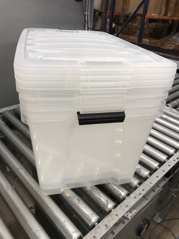 Photo 2 of ***Damage to some lids*** IRIS USA 72 Qt. Plastic Storage Bin Tote Organizing Container with Durable Lid and Secure Latching Buckles, Stackable and Nestable, 4 Pack, clear with Black Buckle g) 72 Qt. - 4 Pack