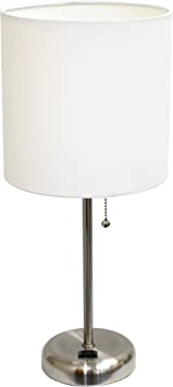 Photo 1 of *PINK NOT SILVER* Limelights LT2024-WHT Stick Charging Outlet and Fabric Table Lamp, Brushed Steel Base/White Shade