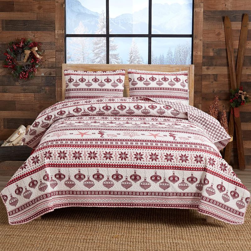 Photo 1 of 3 Pieces Christmas Quilt Set Queen Size Christmas Deer Lightweight Red Bedspread Coverlet for New Year Gift Soft Microfiber Holiday Bedding Bedspread