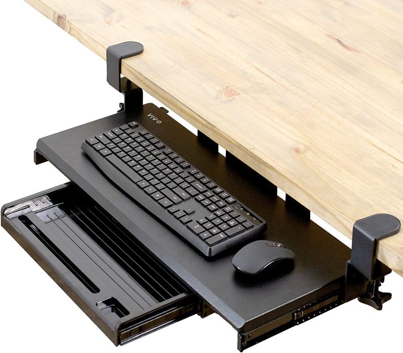 Photo 1 of VIVO Large Keyboard Tray Under Desk Pull Out Platform with Pencil Drawer, Extra Sturdy C Clamp Mount, 27 (33 Including Clamps) x 11 inch Slide-Out Tray with Storage Drawer, Black, MOUNT-KB05-4D
