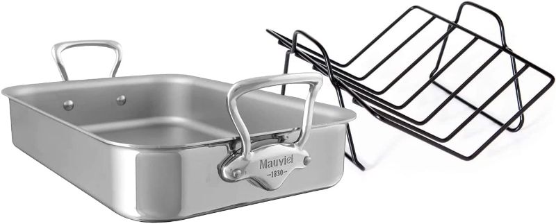 Photo 1 of 2 Mauviel M'Cook 5-Ply Polished Stainless Steel Roasting Pan With Rack, And Cast Stainless Steel Handles, 15.7 x 11.8-in, Made In France
