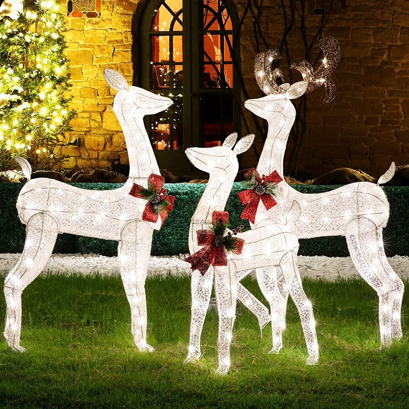 Photo 1 of 3-Piece LED Lighted Christmas Deer Outdoor Yard Decorations, 3D Super Large Christmas Reindeer Decor, Outdoor Lighted Holiday Deer with 360 LED Displays for Front Yards Garden Lawn Patio