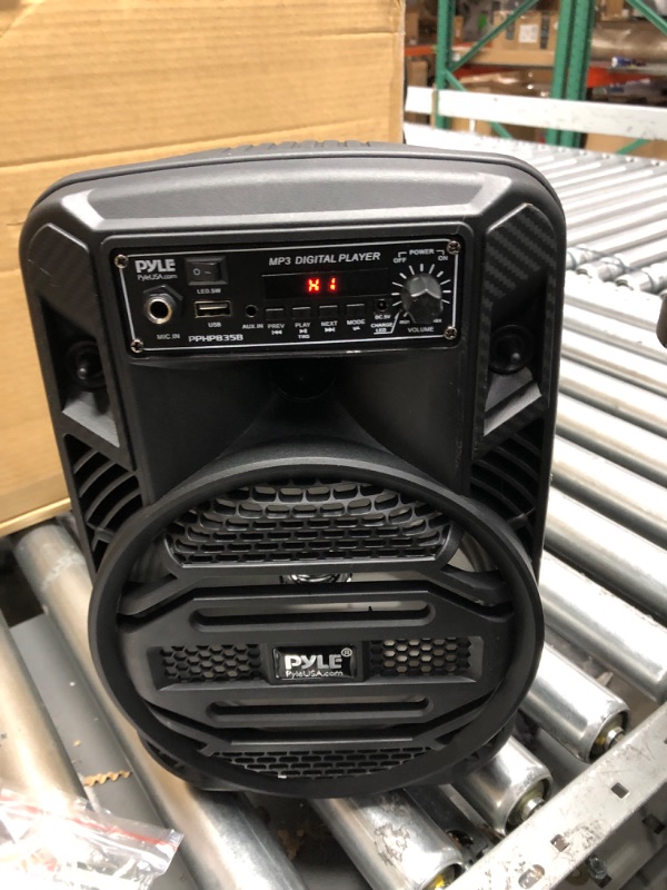 Photo 2 of ***MISSING POWER CORD*** Portable Bluetooth PA Speaker System - 300W Rechargeable Outdoor Bluetooth Speaker Portable PA System w/ 8” Subwoofer 1” Tweeter, Microphone In, Party Lights, MP3/USB, Radio, Remote - Pyle PPHP835B