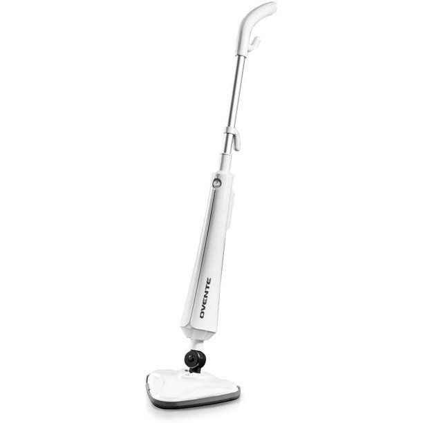 Photo 1 of Ovente Heavy Duty Electric Steam Mop, Tile Cleaner Steamer, Hard Wood Floor Cleaning with two Microfiber Pads, Rotating Head, Refillable Water Tank, Great for Sanitizing Surfaces, White ST405W
