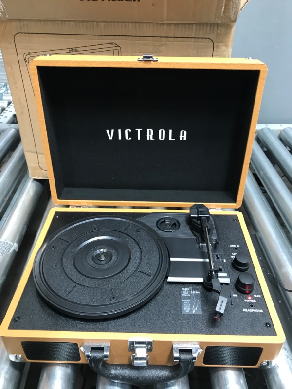 Photo 2 of Victrola Vintage 3-Speed Bluetooth Portable Suitcase Record Player with Built-in Speakers, Upgraded Turntable Audio Sound, Cognac Cognac Record Player