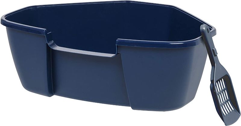 Photo 1 of IRIS USA Large Open Top Corner Cat Litter Tray with Scoop, Sturdy Comfortable Easy to Clean Open Air Kitty Rabbit Litter Pan with Tall Walls, Navy
