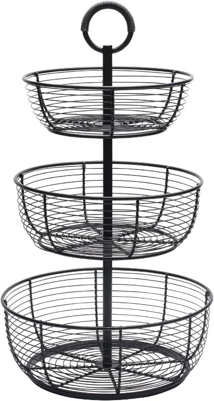 Photo 1 of Gourmet Basics by Mikasa Round Wrap 3-Tier Metal Floor Standing Fruit/Home Storage Basket, Easy Assembly, Antique Black
