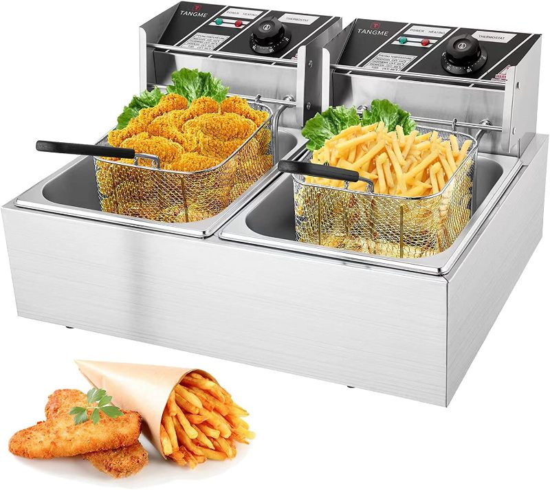 Photo 1 of Commercial Deep Fryer - 3400W Electric Deep Fryers with 2x6.35QT Baskets 0.6mm Thickened Stainless Steel Countertop Oil Fryer 20.7QT Large Capacity with Temperature Limiter
