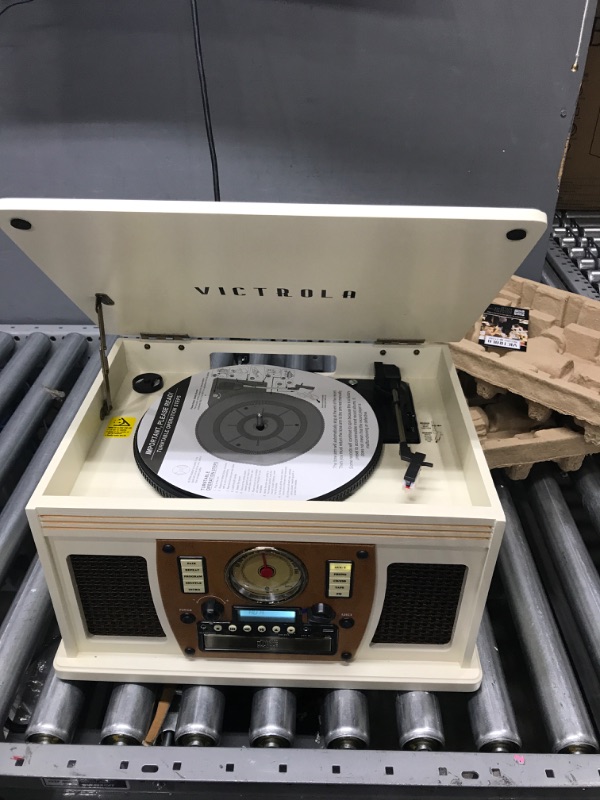 Photo 6 of ***TESTED WORKING SEE NOTES*** Victrola 8-in-1 Bluetooth Record Player & Multimedia Center, Built-in Stereo Speakers - Turntable, Wireless Music Streaming, Real Wood | White White Entertainment Center