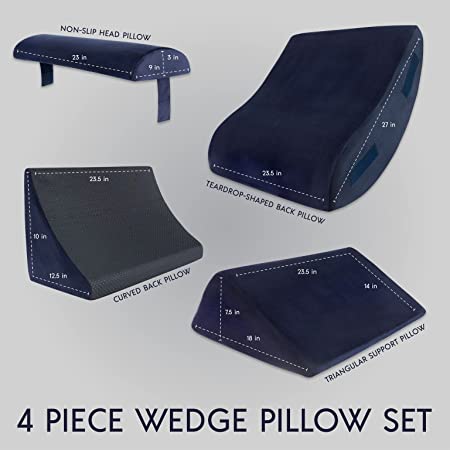 Photo 1 of 4 Pcs Orthopedic Bed Wedge Pillow Set – Post Surgery, Relaxing, Back & Adjustable Head Support Cushion – Triangle Memory Foam Pillow for Acid Reflux, Sleeping, Reading, Leg Elevation, Snoring (Blue)