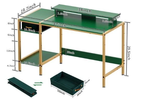 Photo 1 of MINOSYS Computer Desk - 47” Gaming Desk, Home Office Desk with Storage, Small Desk with Monitor Stand, Writing Desk for 2 Monitors, Adjustable Storage Space, Modern Design Corner Table, Green. 47 inch Green