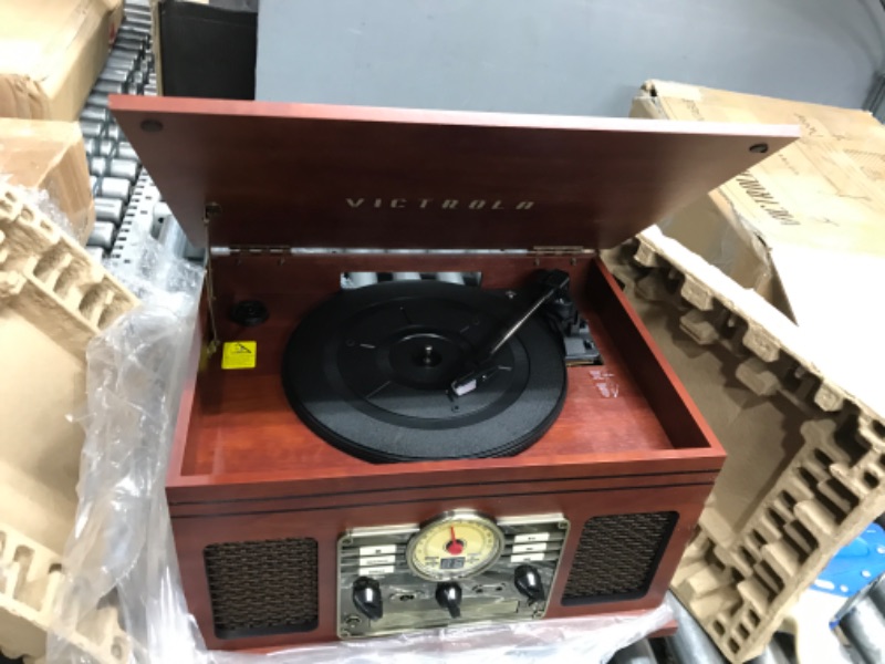 Photo 2 of Victrola Nostalgic 6-in-1 Bluetooth Record Player & Multimedia Center with Built-in Speakers - 3-Speed Turntable, CD & Cassette Player, FM Radio | Wireless Music Streaming | Mahogany Mahogany Entertainment Center