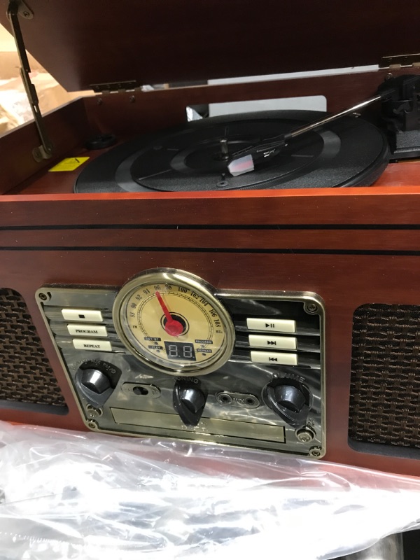 Photo 3 of Victrola Nostalgic 6-in-1 Bluetooth Record Player & Multimedia Center with Built-in Speakers - 3-Speed Turntable, CD & Cassette Player, FM Radio | Wireless Music Streaming | Mahogany Mahogany Entertainment Center