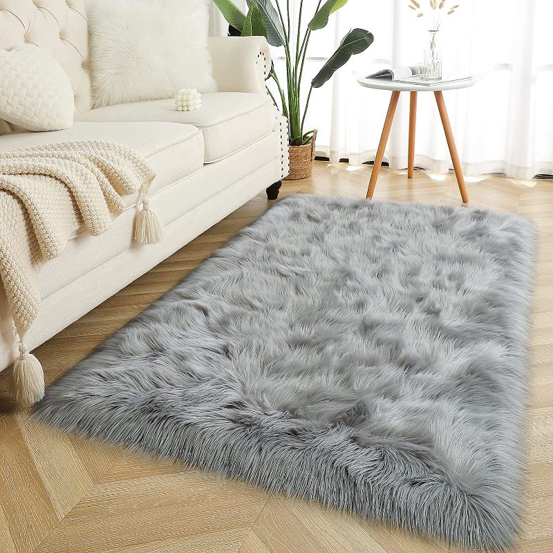 Photo 1 of  Fluffy Faux Fur Rug,Grey Fur Rug Sheepskin Rug for Bedroom,Furry Shag Rug 3x5