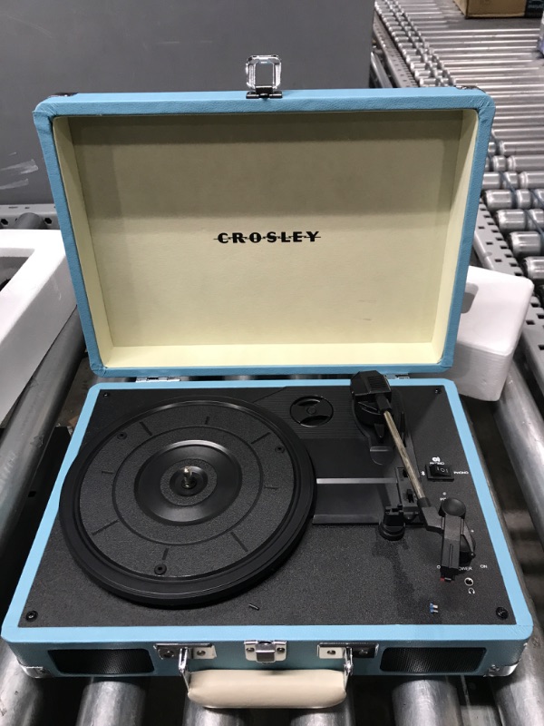 Photo 4 of **PARTS ONLY* 
Crosley CR8005F-TU Cruiser Plus Vintage 3-Speed Bluetooth in/Out Suitcase Vinyl Record Player Turntable, Turquoise/White Bluetooth In/Out Turquoise/White