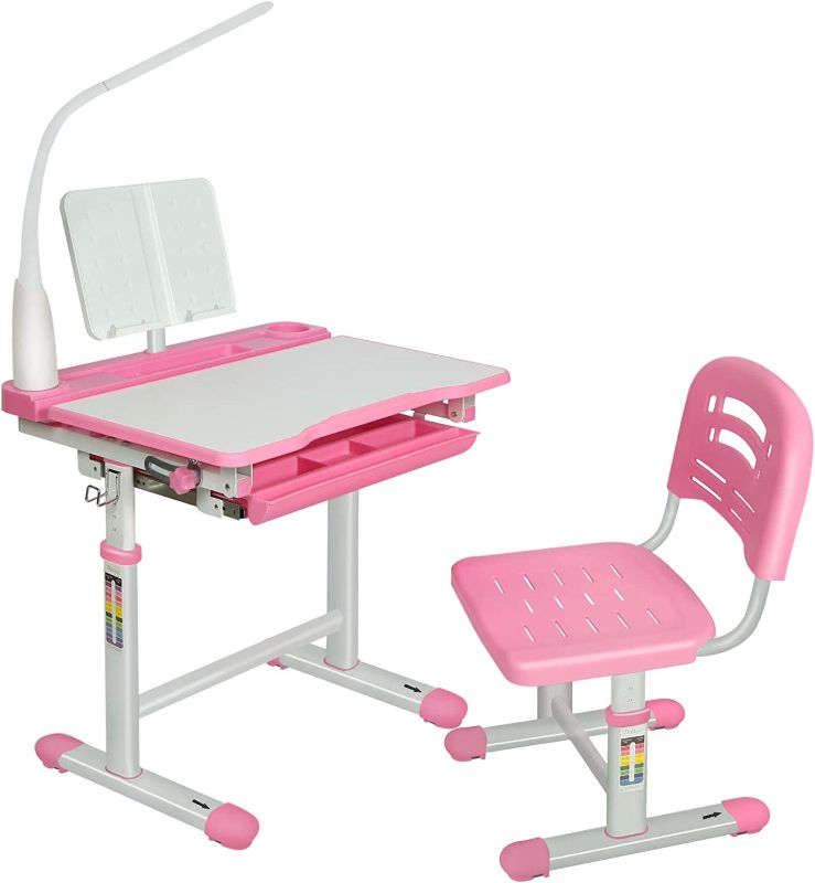 Photo 1 of Diroan Kids Multifunctional Desk and Chair Set, Height Adjustable Children School Study Desk with Tilt Desktop, Metal Hook and Storage Drawer for Boys Girls
