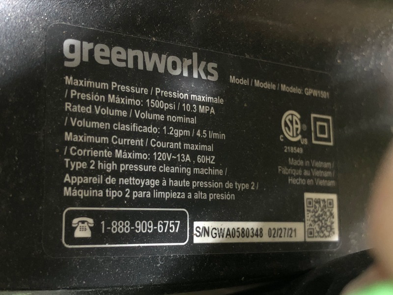 Photo 4 of *** POWERS ON *** Greenworks 1500 PSI 1.2 GPM Pressure Washer (Upright Hand-Carry) PWMA Certified