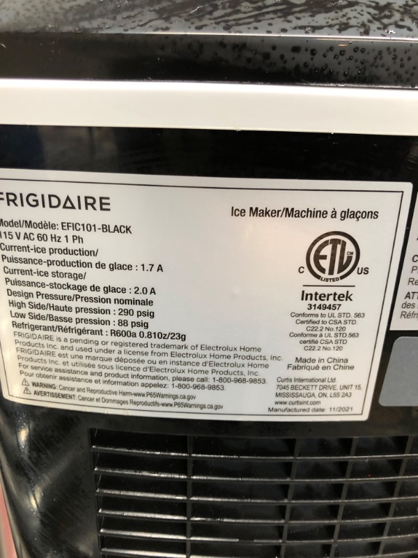 Photo 3 of *** POWERS ON *** FRIGIDAIRE EFIC101-BLACK Portable Compact Maker, 26 lb per Day, Ice Making Machine, Black Black Ice Maker