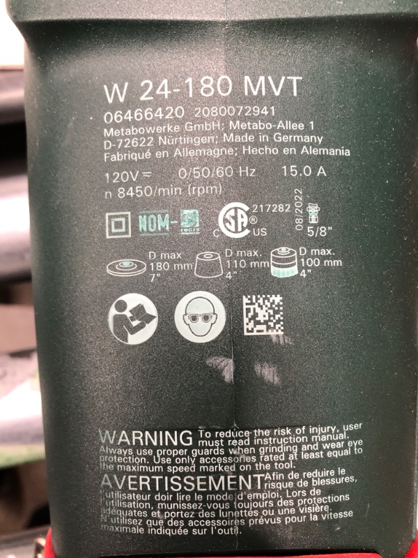 Photo 3 of ***UNABLE TO TEST SEE NOTES*** Metabo - 7" Angle Grinder - 8, 500 Rpm - 15.0 Amp W/Lock-On Trigger (606466420 24-180 MVT ), Professional Angle Grinders