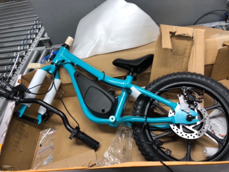 Photo 7 of **BIKE FUNCTIONS ,BATTERY NEEDS TO BE CHARGED**M MASSIMO MOTOR 24V 350w Electric Balance Bike, Dirt Bike for Kids E16 w/Adjustable Seat Height 16" Large Wheel Aluminum Body Frame Up to 6 Hours Long Range Metal Rear Rim Teal