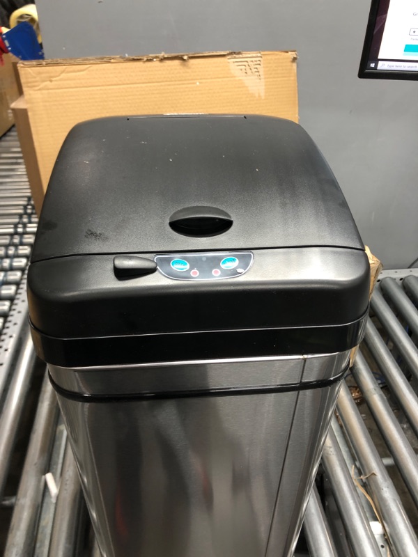 Photo 1 of *NOT TESTED*
iTouchless 13 Gallon Automatic Trash Can with Odor-Absorbing Filter and Lid Lock, Power by Batteries (not included) or Optional AC Adapter (sold separately), Black / Stainless Steel