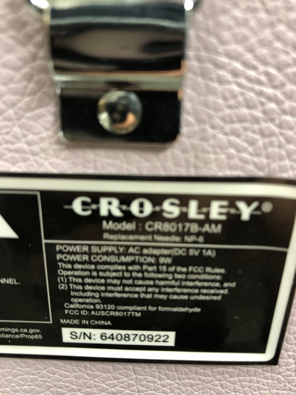 Photo 3 of *DOES NOT TURN ON*
 Crosley CR8017B-AM Voyager Vintage Portable Turntable with Bluetooth in/Out and Built-in Speakers, Amethyst Bluetooth In/Out Amethyst