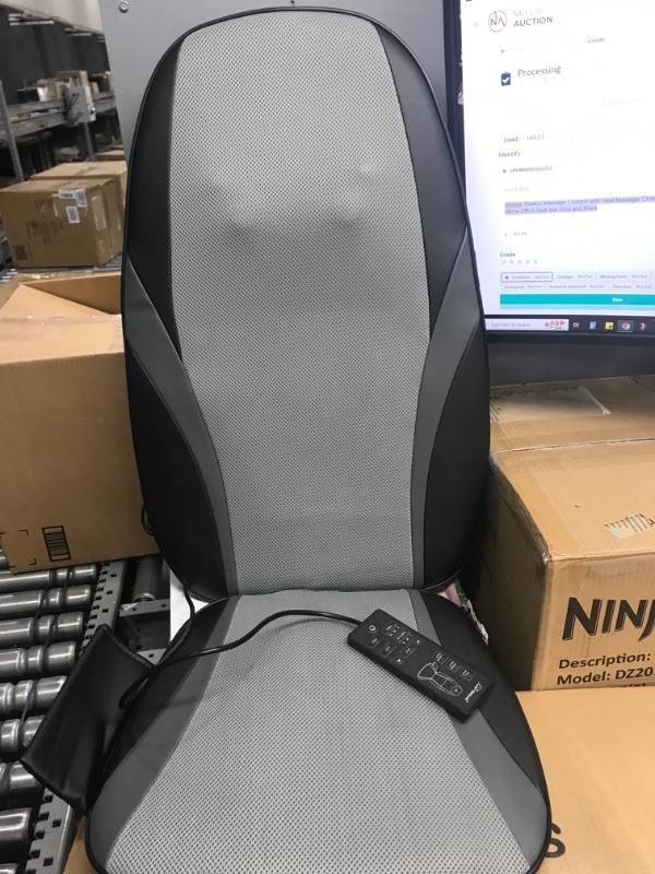 Photo 2 of *** POWERS ON *** Snailax Shiatsu Massage Cushion with Heat Massage Chair Pad Kneading Back Massager for Home Office Seat use Grey and Black
