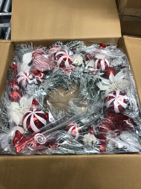 Photo 2 of *NEW CONDITION* 

WANNA-CUL Pre-Lit 30 Inch Large Lighted Christmas Wreath for Front Door with 50 Led Lights, Red White Lighted Christmas Door Wreath Decor with Ball Ornaments, Candy Canes, Battery Operated 02-30 Inch Red White