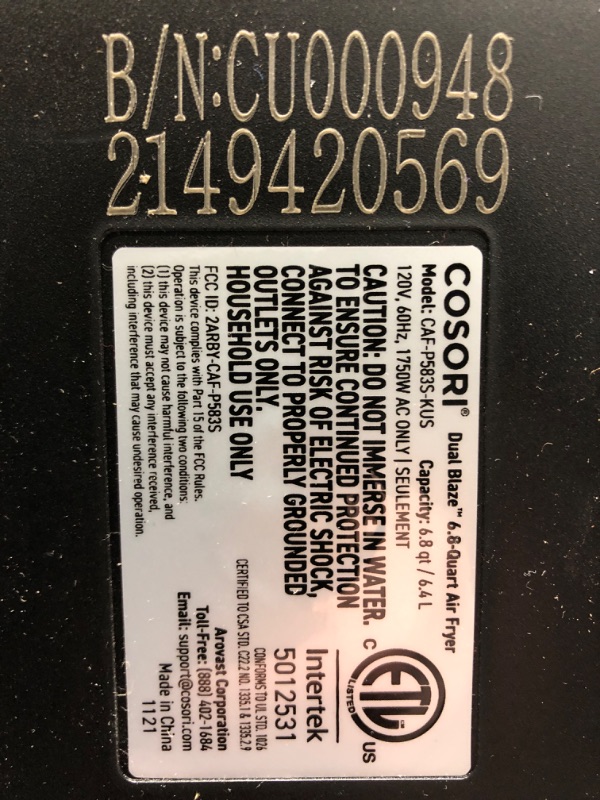 Photo 2 of *Major Damage-Powers On* COSORI Dual Blaze Air Fryer 6.8QT, No Preheat & No Shake, 6+6 Presets, Heating Adjusts For A True Air Fry, Bake, Toast, And Broil, Fast Cooking, 1100+ In-App Recipes, Fit For 5-6 people, 1750W Pro Dark Gray