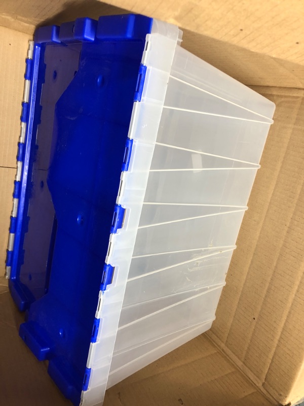 Photo 2 of Akro-Mils 66486 12-Gallon Plastic Stackable Storage Keepbox Tote Container with Attached Hinged Lid, 21-1/2-Inch x 15-Inch x 12-1/2-Inch, Clear/Blue Clear/Blue Keep Box